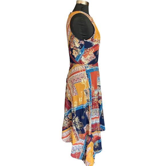 Laundry Shelli Segal Multicolor Gold Hankerchief Hem Midi Dress Sz 10 Boho Y2K - Picture 5 of 10